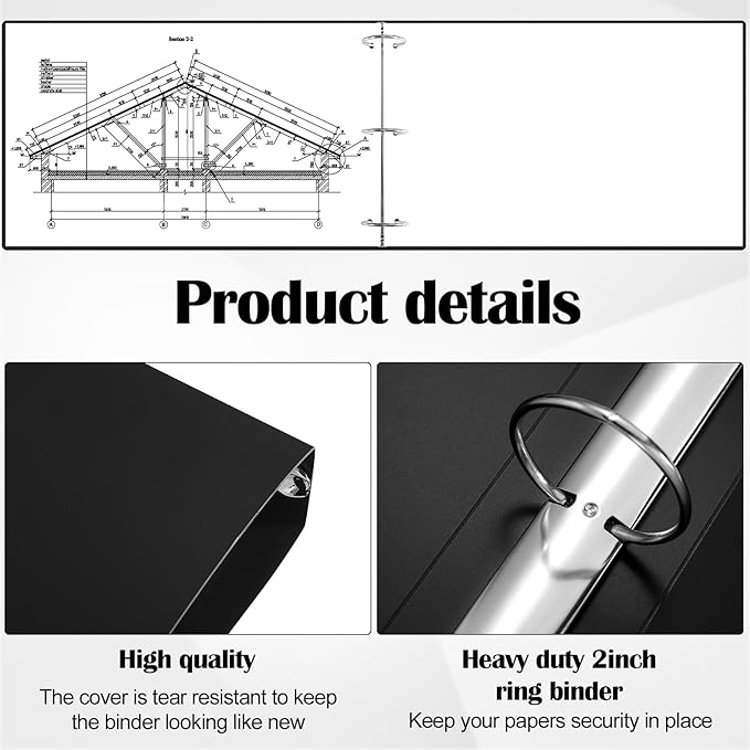 6 Pcs 11 x 17 3 Ring Binders Black 11" x 17" Round Ring Binders Large Folder for Pressboard Presentation, Reports, Proposals, Documents(2 Inch)
