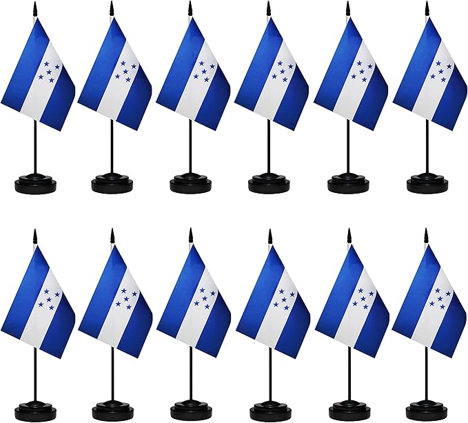 Honduras Flags Honduran Small Mini Desk Flags Set Small Mini Honduras Flags Table Flag with 13" Black Pole, Black Base and Spear Top, Miniature Honduras Deluxe Desktop Flag, Home Decoration, Office Decoration, Festival Celebrations(12 Pack )