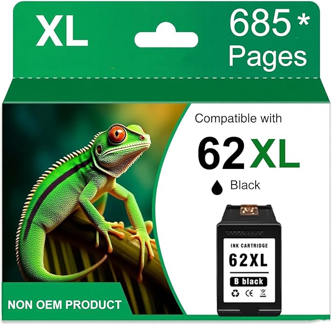 Printer Ink 62 XL 62XL Envy 7645 for 62 XL Black Ink Cartridge Ink 62 62XL Ink Cartridges Black HP62 HP62BK with ENVY 5540 5544 5545 5642 5660 5664 7640 7645, OfficeJet 200 250 258 5740 5745 5746 8040