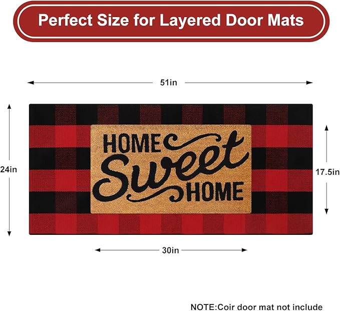 KIMODE Buffalo Plaid Outdoor Rug Red and Black 24"X51",Washable Christmas Front Door Mat,Reversible Cotton Hand-Woven Layering Rug for Front Porch Christmas Decor,Entryway,Kitchen