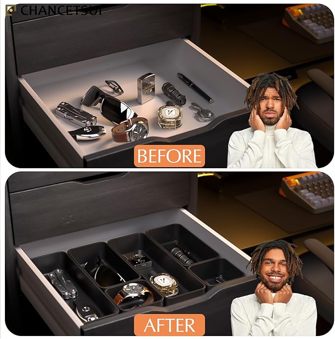 Organizer Drawers, Storage Plastic Desk Bins Stackable Organizers Tray, Bathroom Dividers Small Makeup Bin Clothes Organizing Trays for Containers Vanity Office Cabinet Desktop Compartment, Black