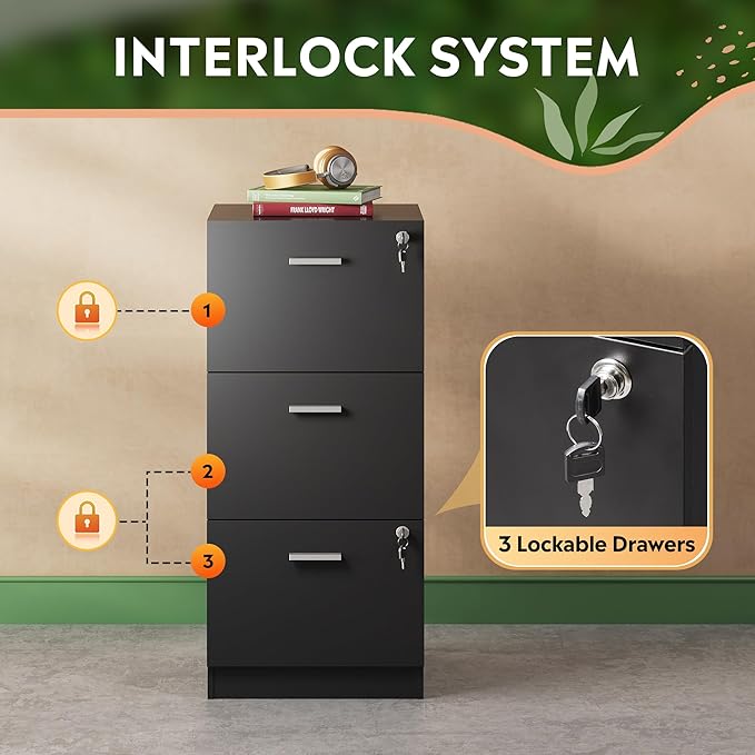 DEVAISE 3 Drawer File Cabinet with Lock, Vertical Wood Filing Cabinet for Home Office, Printer Stand for Letter and A4 Size, Black