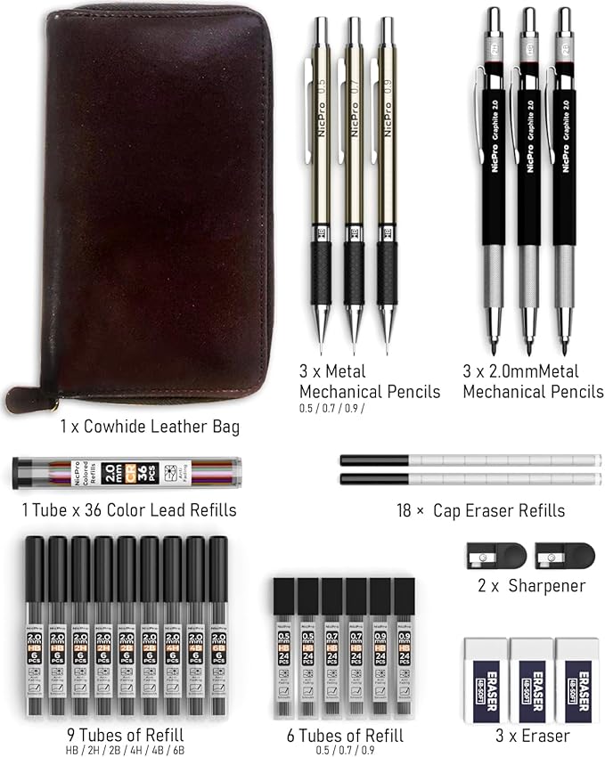 Nicpro 30PCS Art Mechanical Pencil Set in Leather Case, Metal Drafting Pencil 0.5 mm, 0.7 mm, 0.9 mm & 3 PCS 2mm Lead Holders for Sketching Drawing With 16 Tube (6B 4B 2B HB 2H 4H Colors) Lead Refills
