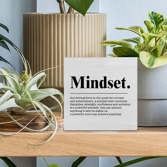 Inspirational Sign Mindset Definition Wooden Sign Home Office Decor 5 X 5 Inches Motivational Mindset Wood Block Signs for Desk Shelf Table