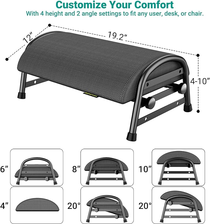 Adjustable Foot Rest for Under Desk at Work, Ergonomic Under Desk Footrest with 6 Positions, Foot Stools for Under Office Desk Chair, Leg Rest for Home, Car, Computer, Gaming Accessories