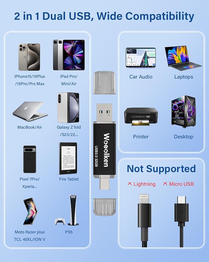 USB C Flash Drive 32GB 5 Pack, Wooolken USB 3.0 Dual Drive Type-C Thumb Drive OTG Memory Stick Compatible with iPhone 16/15, Android Smartphone/Tablets/Computers