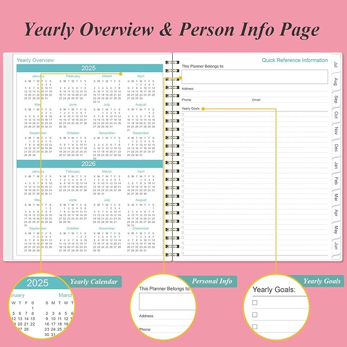 2025-2026 Planner - Academic Planner 2025-2026 from July 2025 to June 2026 with 12 Monthly Tabs, Flexible Cover, Inner Pocket, 8.5" x 11", Pink
