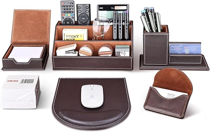 KINGFOM T31-6PCS/SET Office Desktop Decor Organizer Supplies Set PU Leather Remote Control Collection Holder, Pencil Holder Box, Business Card Holder, Mouse Pad, Sticky Notes Paper and Dispenser