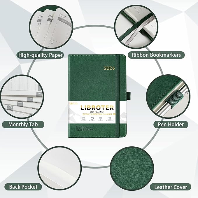 2026 Planner - Planner 2026, 2026 Weekly Monthly Planner, Jan.2026 - Dec.2026, 5.7'' x 8.4'', Thick Paper, Leather Cover, Pen Holder, Back Pocket, Bookmarks, Perfect Daily Organizer - Dark Green