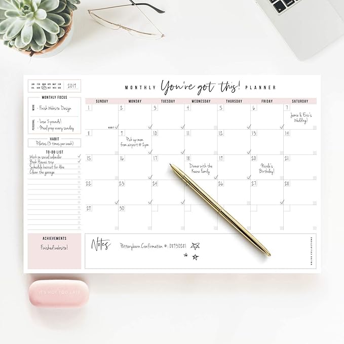 Bliss Collections Monthly Planning Pad, To Do List Notebook - Undated Tear-Off Sheets Notepad - Work Calendar, Organizer, Scheduler for Goals, Tasks - You've Got This (Pink), 12" x 18", 18 Sheets