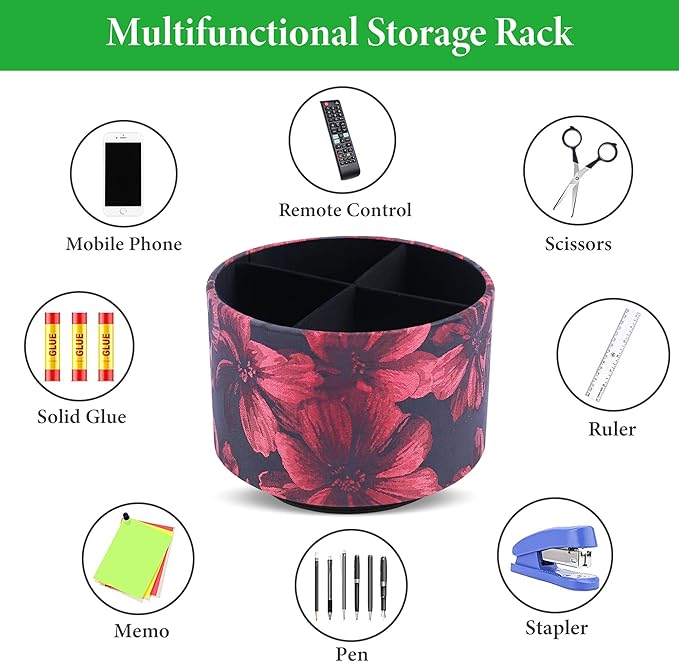 QIELIZI Round Leather Art Supply Organizer,Remote Control Holder,360 Degree Rotating,Multi-Functional Pencil Holder,4 Compartments Desktop Stationary Organizer(1-Dahlia Red)