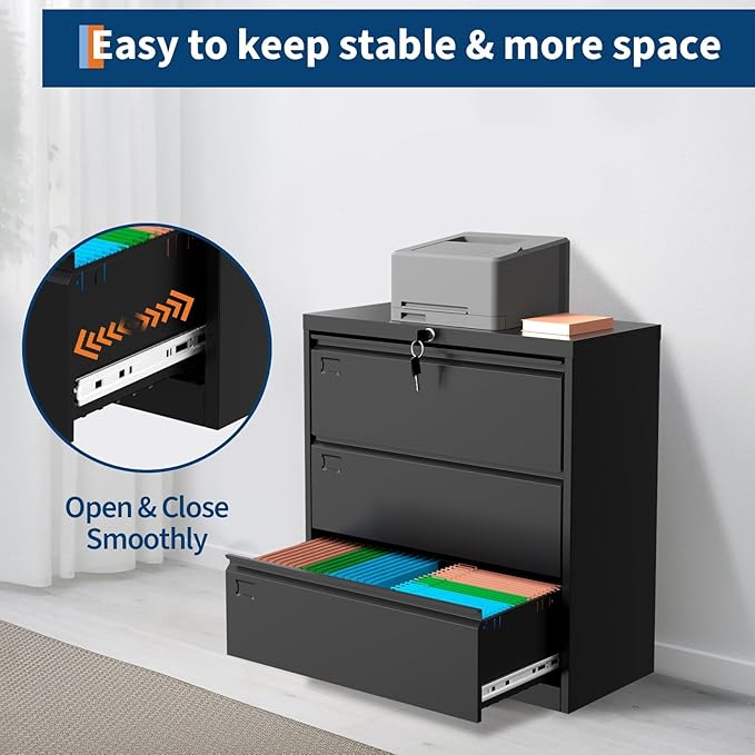 3 Drawer Lateral File Cabinet with Lock and Keys, Metal Lateral Filing Cabinet Storage, Fit Letter/Legal/A4 Size Documents, for Home Office Workspaces