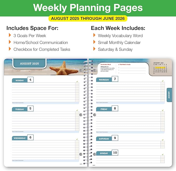 Global Datebooks Dated Middle School or High School Student Planner for Academic Year 2025-2026 Includes Ruler/Bookmark and Planning Stickers (Block Style - 8.5"x11" - Swoosh)