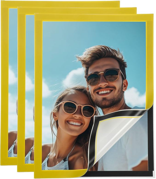 uxcell 3 Pcs Magnetic Sign Holder, 8.3" x 11.7" Self-Adhesive Magnetic Wall Signs Holder Magnetic Picture Frame Document Holder for Home Office Wall Window Displays, Yellow