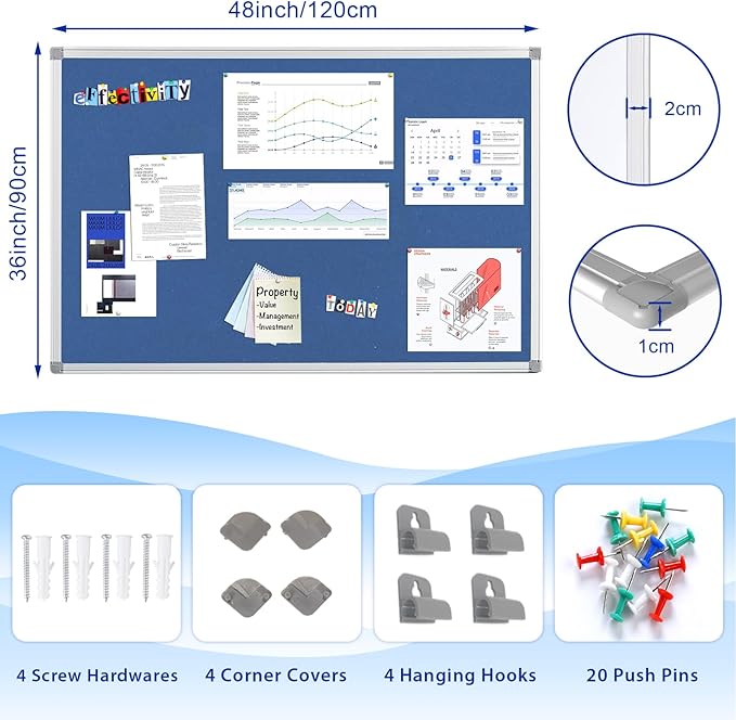 Felt Bulletin Big Vision Pin Board Notice Booard Wall-Mount Organization for Photo Message Velcro,Blue,48x36inches