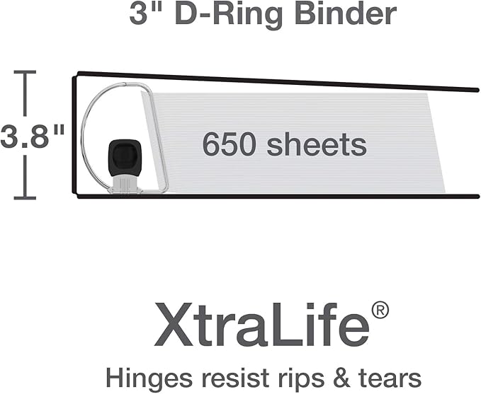 Oxford 3 Ring Binders, Binders for School and Office, 3 Inch ONE-Touch Easy Open D Rings, 3-Sided View Binder Covers, Xtralife Hinge, Non-Stick, PVC-Free, Black, 650-Sheet Capacity, 4 Pack (79914)
