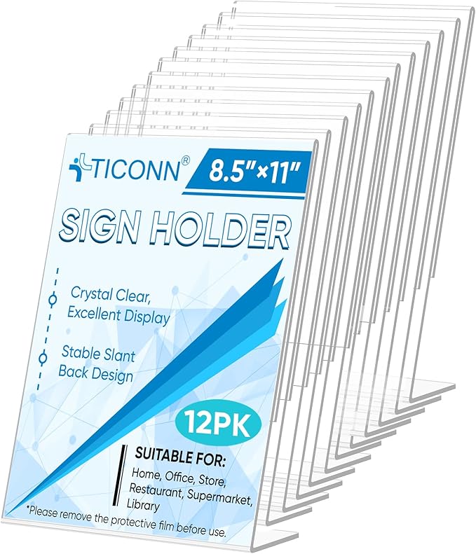 TICONN 8.5 x 11 Acrylic Sign Holder, L Shape Clear Sign Stand for Displaying, Plastic Paper Holder for Office, Store, Restaurant (Vertical 12 Pack)