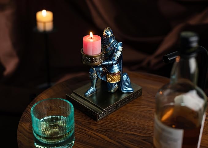King's Guard Kneeling Knight Candlestick Holders Resin Posture TeaLight Holder Warrior Mobile Phone Stand Pen Holder Candle Holder for Restaurant, Altar, Home Table(Blue)
