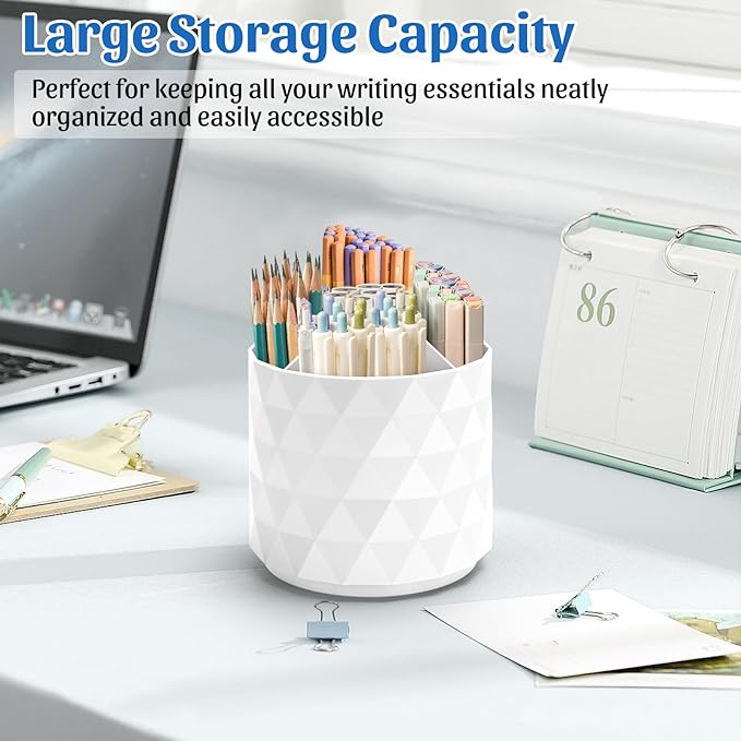Desk Organizer,Sparkling Diamond-like Pen Holder for Desk 360°Rotating Office Accessories,Pencil Cup with 5 Compartments Storage Box Caddy for Office,School,Home,Art Supply(White)