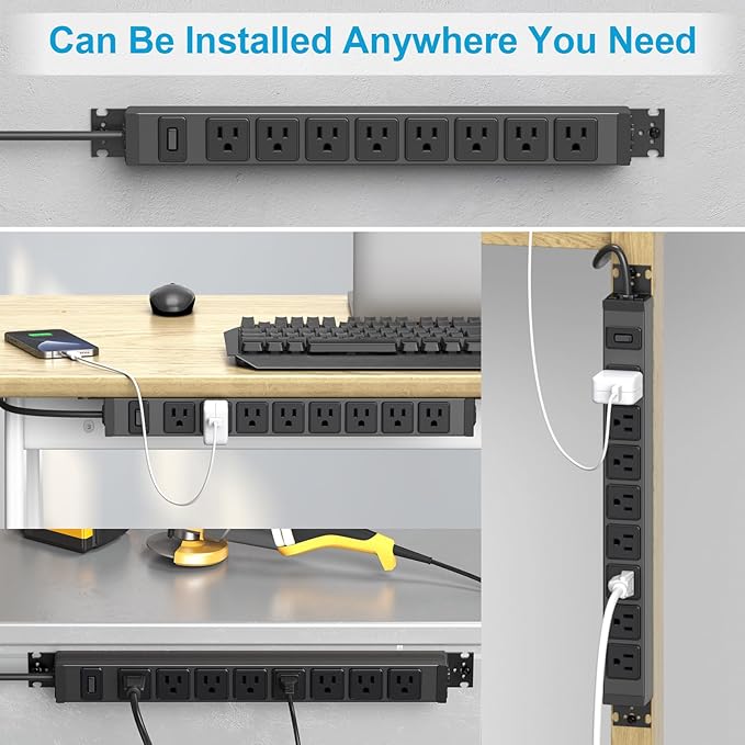 HHSOET Metal 360° Rotating Mountable Power Strip, 8 Outlet Gaming Table Mounted Outlet Strip, Heavy Duty Wall Mount Surge Protector with Switch, 15A 125V 1875W, 15ft Power Cord.(Black)