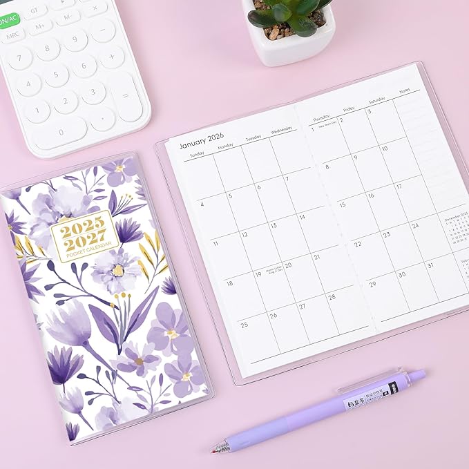 Pocket Calendar 2026-2027, Purple 2026-2027 Monthly Planner - 3.7" x 6.7" - Runs from July 2025 Until December 2027, Small Pocket Calendar 2026 with PVC Cover for Planning