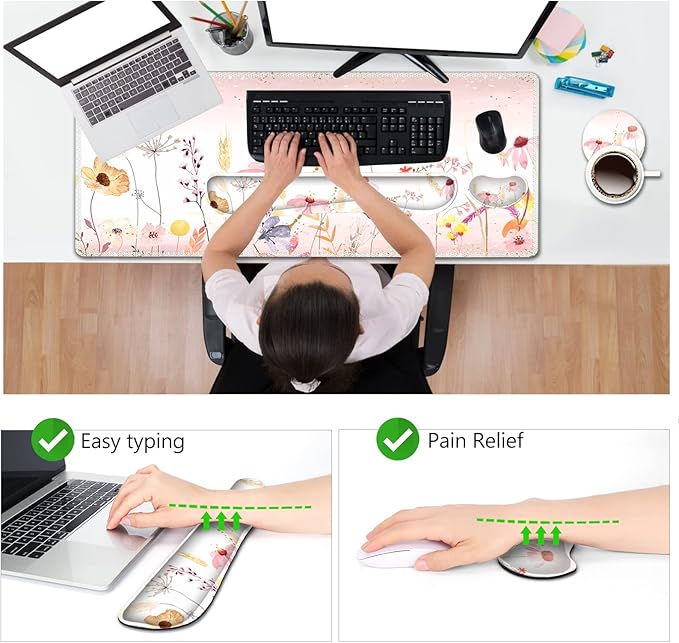 AIMSA Keyboard Mouse Pad Wrist Rest, Extended Gaming Mouse Pad +Wrist Support, Ergonomic Memory Foam,XXL Large Mousepad Easy Typing Pain Relief, 4Pcs (35×15.7 in) Desk Mat, Pink Flowers