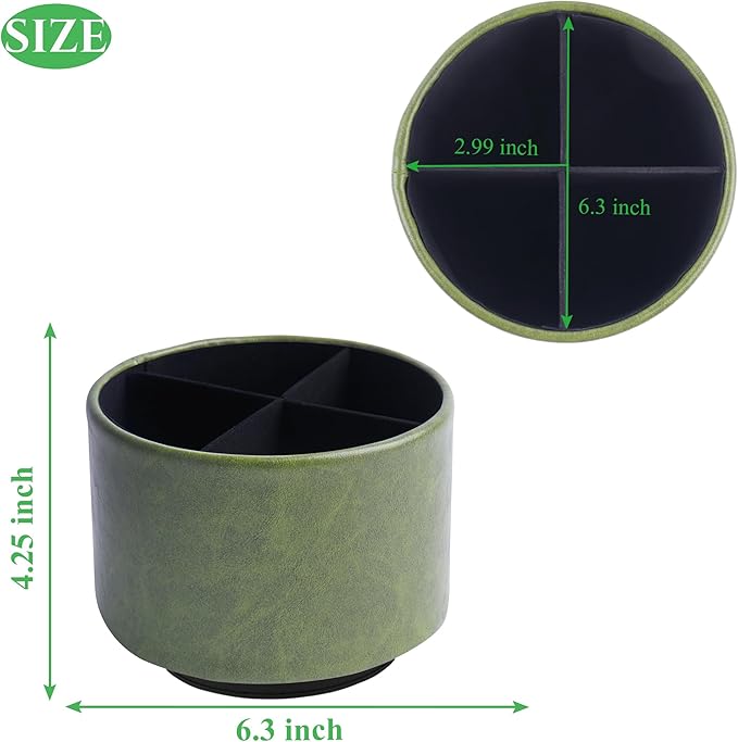 Hennaja Round Leather Art Supply Organizer,Remote Control Holder,360 Degree Spinning,Multi-Functional Pencil Holder,4 Compartments Desktop Stationary Organizer(1-Oil Bamboo)