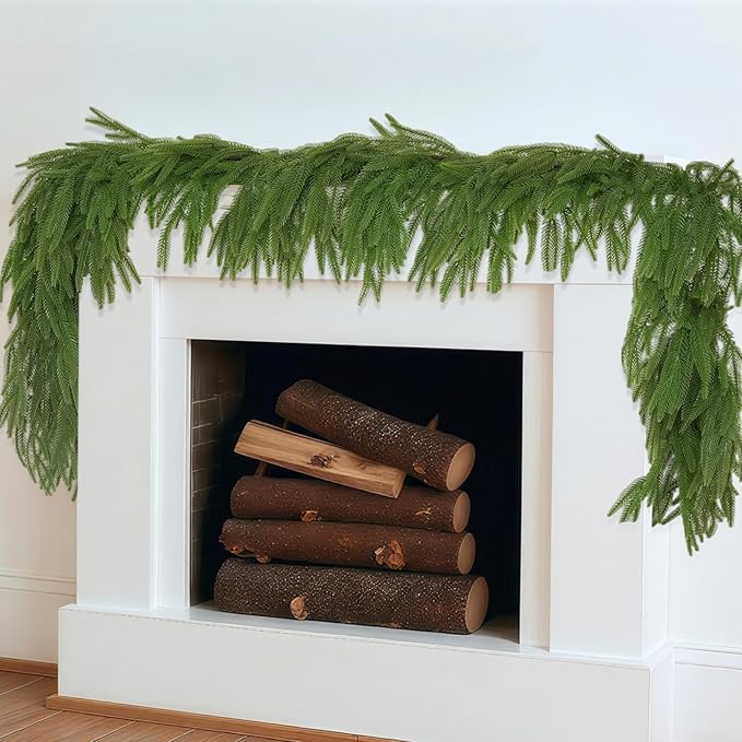 2 Pcs 9FT Christmas Garland, Christmas Decorations, Artificial Norfolk Pine Garland, Faux Greenery Garland for Mantle Fireplace Table Door Wall Upstairs Indoor Outdoor Holiday Xmas Decor