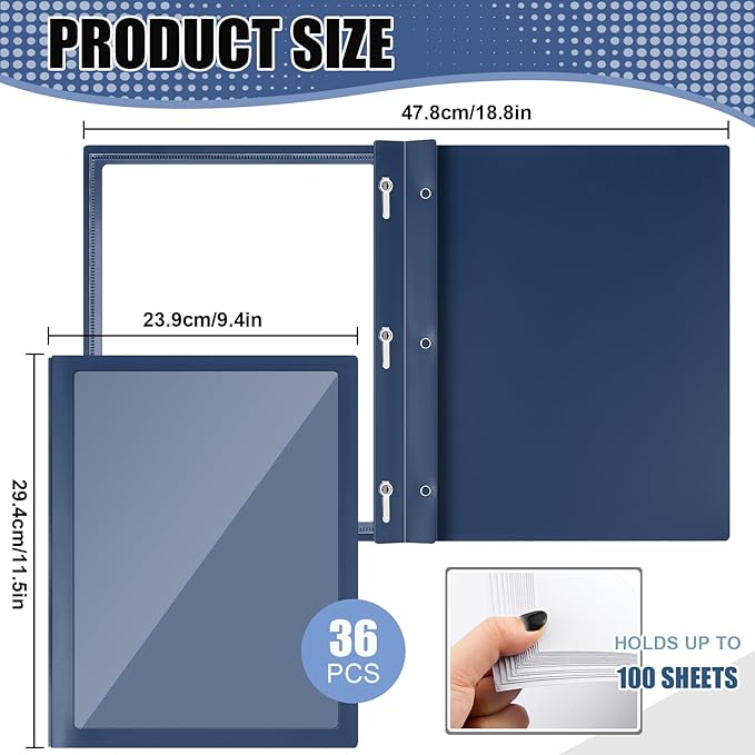 Teling 36 Pcs Report Covers with 3 Prong Fasteners Clear Front Presentation Folders Frame View Poly Report Folder Presentation Binder for Paper Document School Office (Navy Blue)