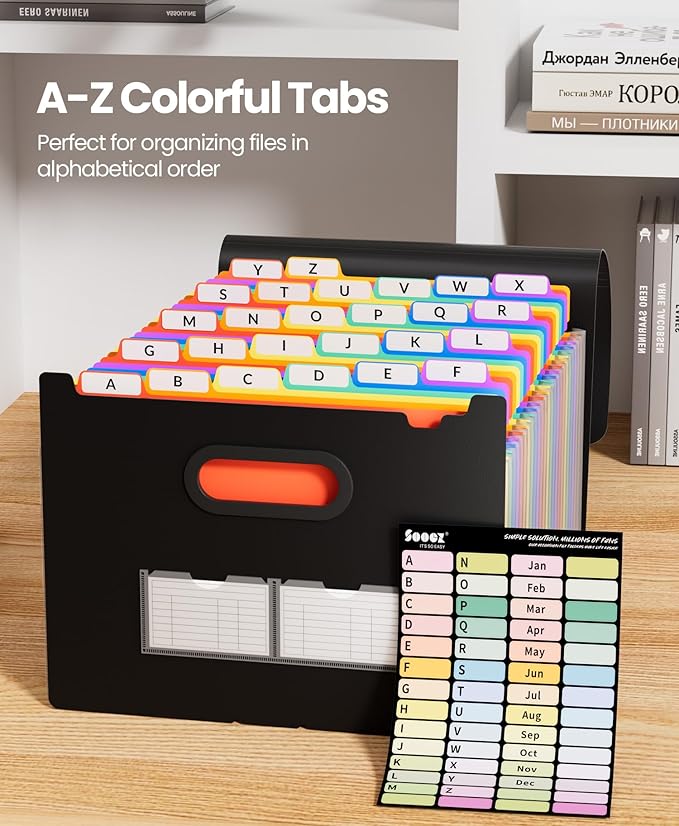 Sooez 26-Pocket Accordion File Organizer, Upgraded Expanding File Folder with Unobstructed A-Z Tabs, Premium Bill Tax Receipt Document Organizer Storage for Letter/A4 Size Paper, School Office & Home