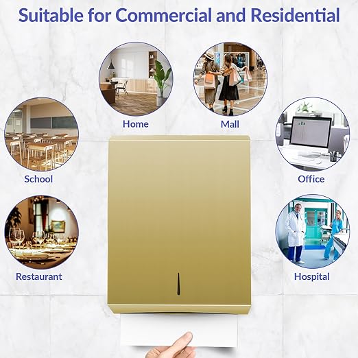 Paper Towel Dispenser Wall Mount, Brushed Gold Stainless Steel Commercial Paper Towel Holder with Lock, Large Capacity 400 C Fold/525 Multifold Towels