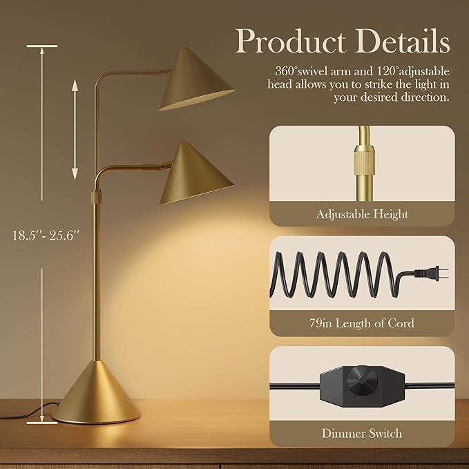 Metal Desk Lamp, 3000k Soft Light Modern Desk Lamp with Dimmer Switch, Adjustable Lighting with Swivel Arm Reading Lamp for Bedside Table, Office Desk, Task Light, Living Room(Gold)