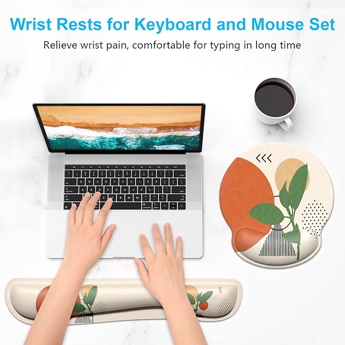 Dapesuom Keyboard Wrist Rest and Mouse Pad with Wrist Support, Memory Foam Cushion for Keyboard and Mouse Set, Ergonomic Desktop Pad Rests with Non Slip Base for Easy Typing & Pain Relief, Painting