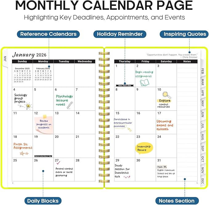 2026 Planner, Weekly and Monthly Calender Planner, Jan 2026 to Dec 2026, Hardcover 2026 Calendar Planner Book with Tabs & Inner Pocket, Office Home School Supplies for Women & Men - A4 (8.5" x 11"), Lemon Yellow