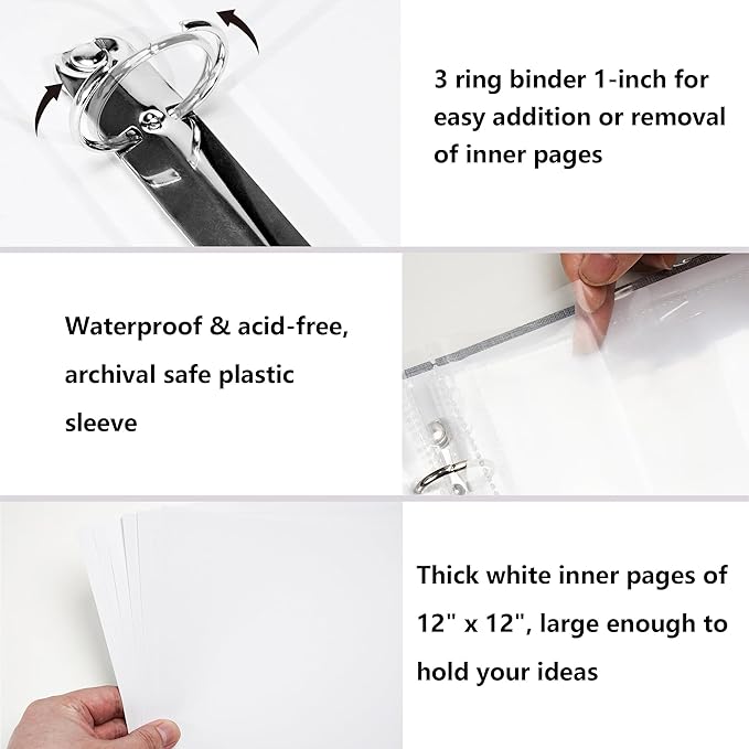 Vienrose 12x12 Inch Large 3 Ring Binder Scrapbook Photo Album, Linen Cover DIY Scrapbooks with 50 Sheets Plastic Sleeves 100 Pages Blank White Inner Pages for Wedding Birthday Baby Travel Grey