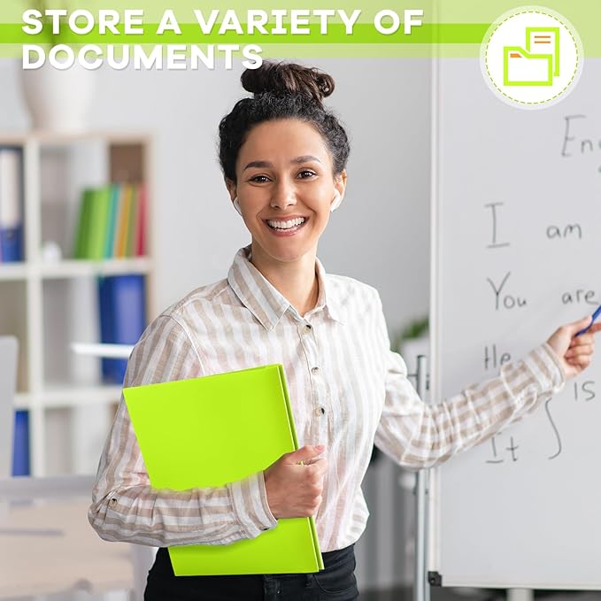 Henoyso 48 Pcs Plastic Folder with Clear Front Pocket and 3 Prongs Heavy Duty Plastic Folders with Card Slot Pocket Folders with Prongs for School Office Home(Fluorescent Green)