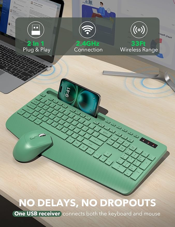 Wireless Keyboard and Mouse Combo - Full-Sized Ergonomic Keyboards with Wrist Rest, Phone Holder, Sleep Mode, Silent 2.4GHz Cordless Combo for Computer, Laptop, PC, Mac, Windows -Trueque