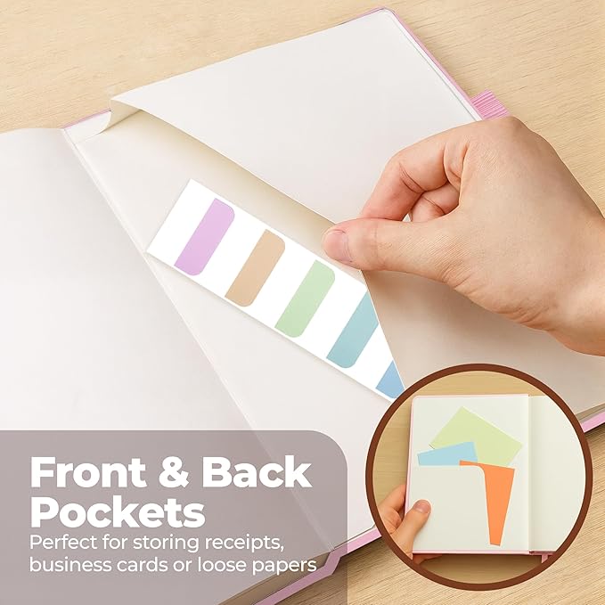 Classic Lined Journal Notebook 8.5x11" A4 Hardcover Leather - Pink - 200 Pages College Ruled Large with Sticky Tabs, Pockets, and Pen Loop for Writing and Journaling - Big Hardback Men and Women