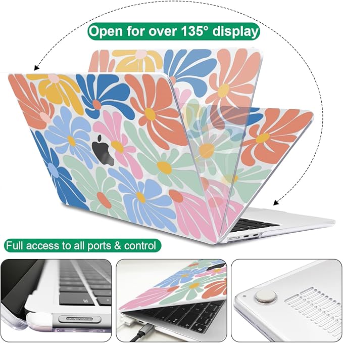 Compatible with M4 MacBook Air 13.6 inch Case 2025 2024 2023 2022 Model A3240 A3113 M3 A2681 M2 Chip, Crystal Pattern Plastic Hard Case Cover for Mac Air 13 M4 Touch ID, Colorful Flowers