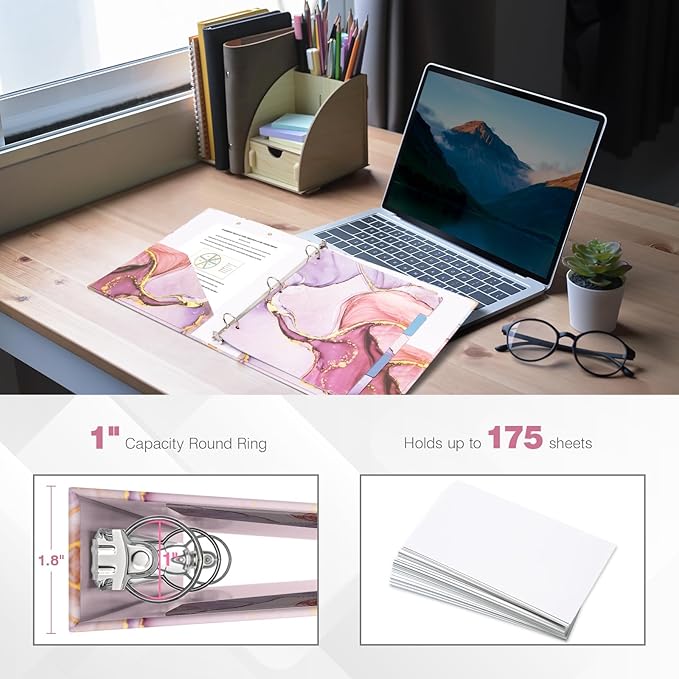 Ospelelf 3 Ring Binder 1 Inch, Pink Binders for Letter Size Documents(11" x 8.5") with 5 Tab Dividers, Clipboard Organizer, Back to School and Office Supplies