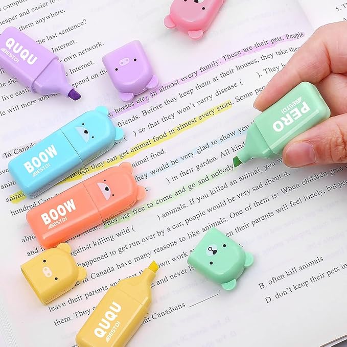 Leery Novelty Cute Mini Bear Highlighter Pens & Assorted Macaron Colors Chisel Tip Pastel Pens for Office,Writing & School Office Supplies (6)