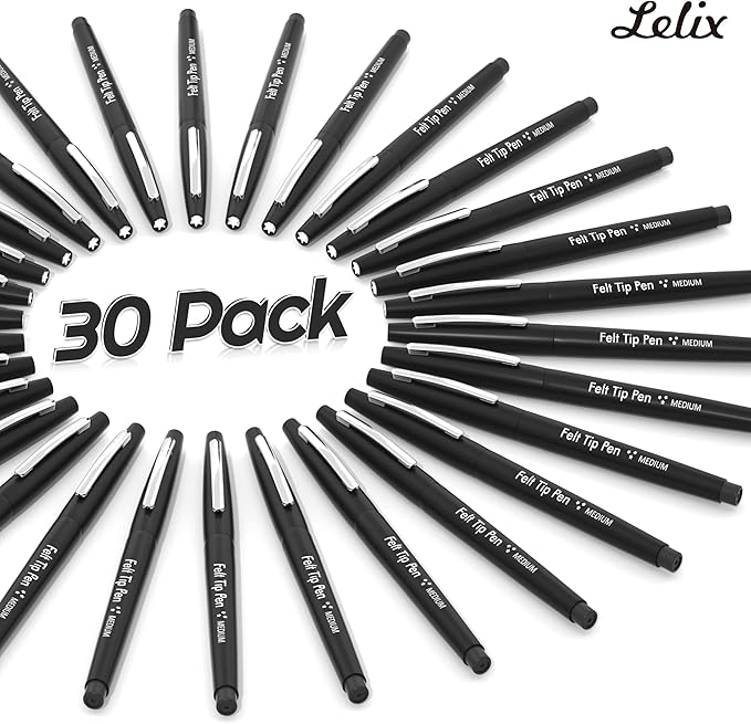 Lelix Felt Tip Pens, 30 Black Pack, 0.7mm Medium Point, Felt Tip Markers Pens for Journaling, Writing, Note Taking, Planner, Perfect for School Office and Art Supplies
