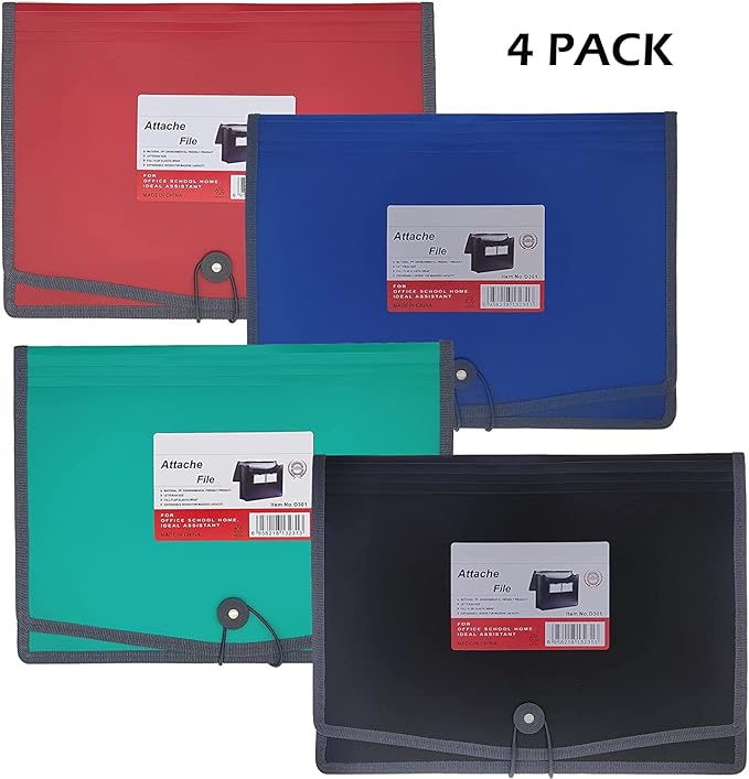 Premium Quality Plastic Expanding File Folder Document Organizer, 3.5" Expansion, A4 Letter Size for Home School Office Organization，4 Pack