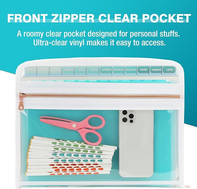 H4D 13 Pocket Expanding File Folder Organizer with Front Clear Pounch, Accordion File Organizer with Zipper Clourse, Fit for Letter Size Papers, Teal