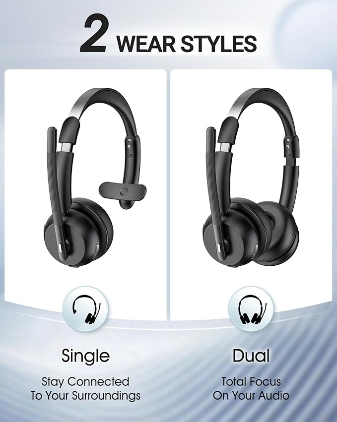 Wireless Headset with Mic for Work, Bluetooth 5.3 Headsets with Microphone and Detachable Earpads, 50H Playtime with Charging Base, Noise Cancelling Headphones for Work with Mic Mute