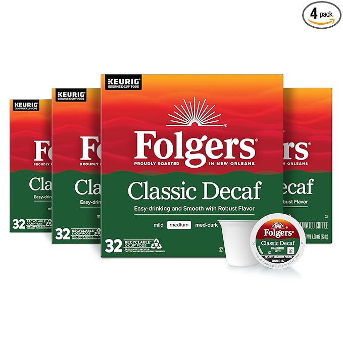Folgers Classic Decaf Coffee, Keurig K-Cup Pods, 128 Count