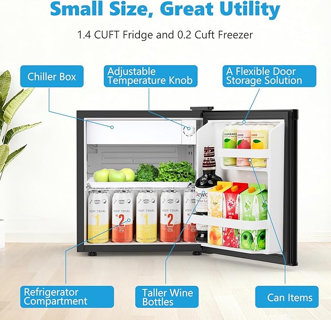 COWSAR 1.6 Cu.Ft Compact Fridge with Freezer, Refrigerator with 7 Temperature Settings, Energy-efficient Low Noise Small Refrigerator Suitable For Dorm, Office, Bar, RV, Bedroom, Commercial