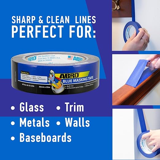 ABRO Blue Painters Tape 1 Inch Wide, 24mm x 55M, All Purpose Blue Tape, Temporary Labeling, Easy Tear, Clean Removal, Masking Tape Colored DIY or Pro - 3 Pack
