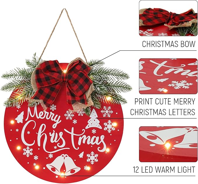 HOMCDALY Merry Christmas Welcome Sign for Front Door, Red X-mas Sign with Light, Holiday Door Decoration Wooden Hanging Sign, Christmas Decoration, Wall Art, Wall Decor(Red)