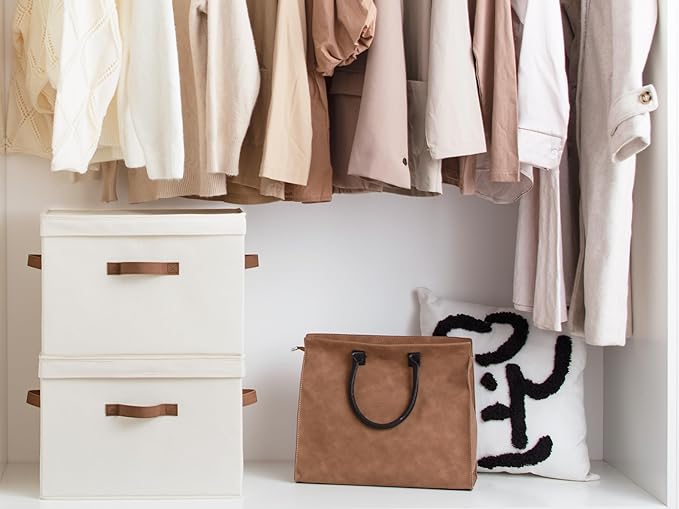 StorageWorks Fabric Storage Bins with Lid, Decorative Storage Boxes for Shelves, Stackable Closet Organizer Basket with Handles, Large, Ivory White, 2-Pack